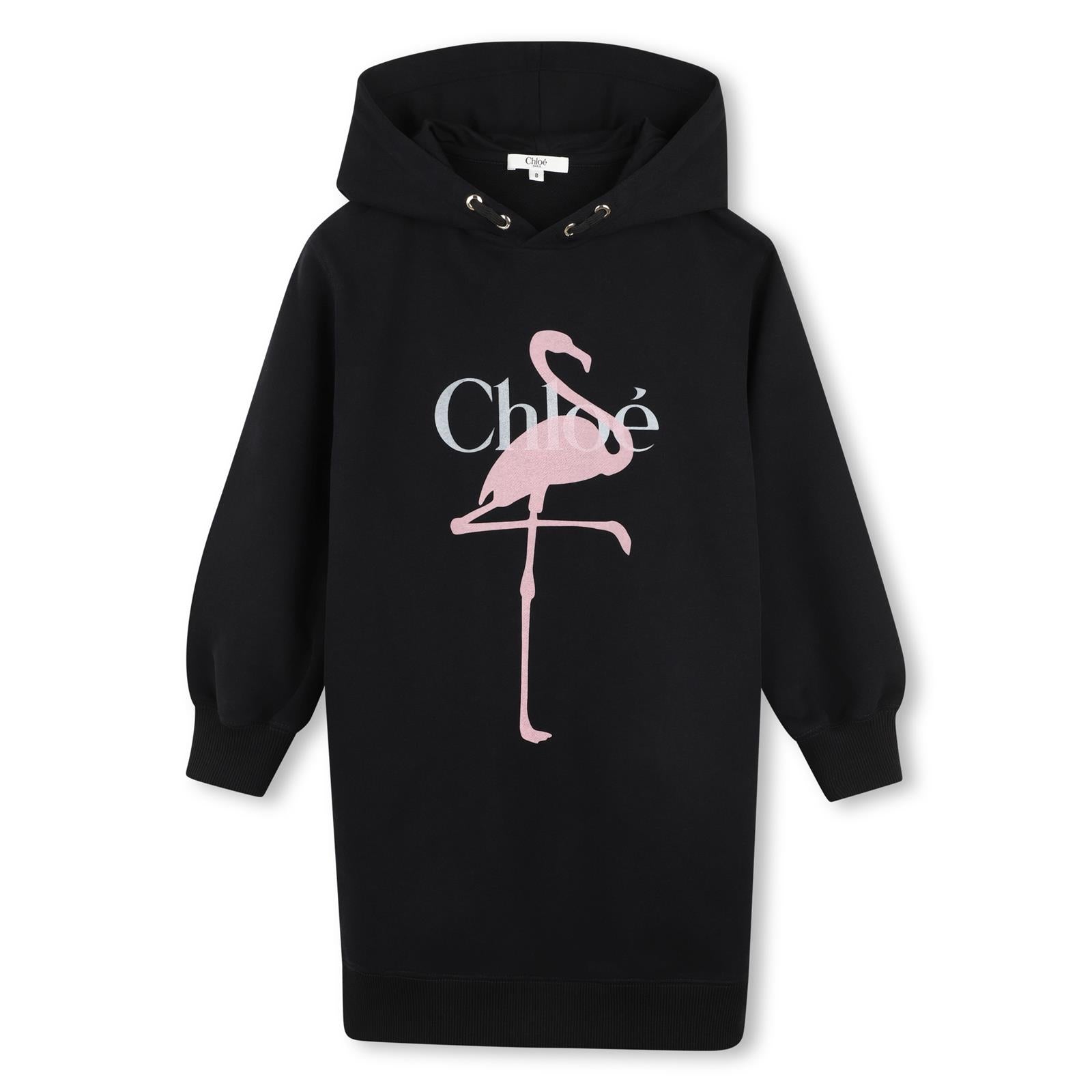 Hodded vestito in cotone garzato, containing cotton from organic farming, fantasia illusration branded con chloé logo printed on davanti. C21245 09B CHLOE KIDS