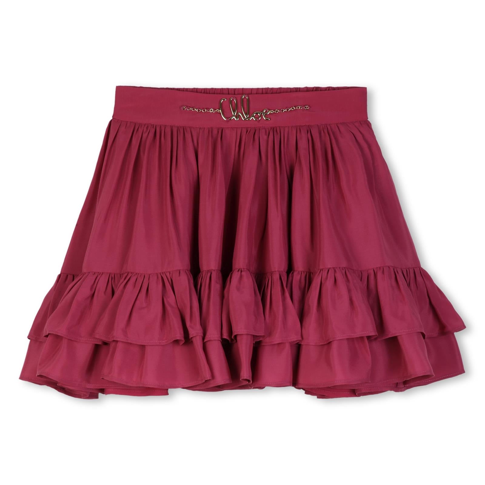 Ruffled gonna in silk e viscose crepe, elastico cintura sul retro embellished con handwritting chloe metal logo chain on davanti. C21257 48U CHLOE KIDS