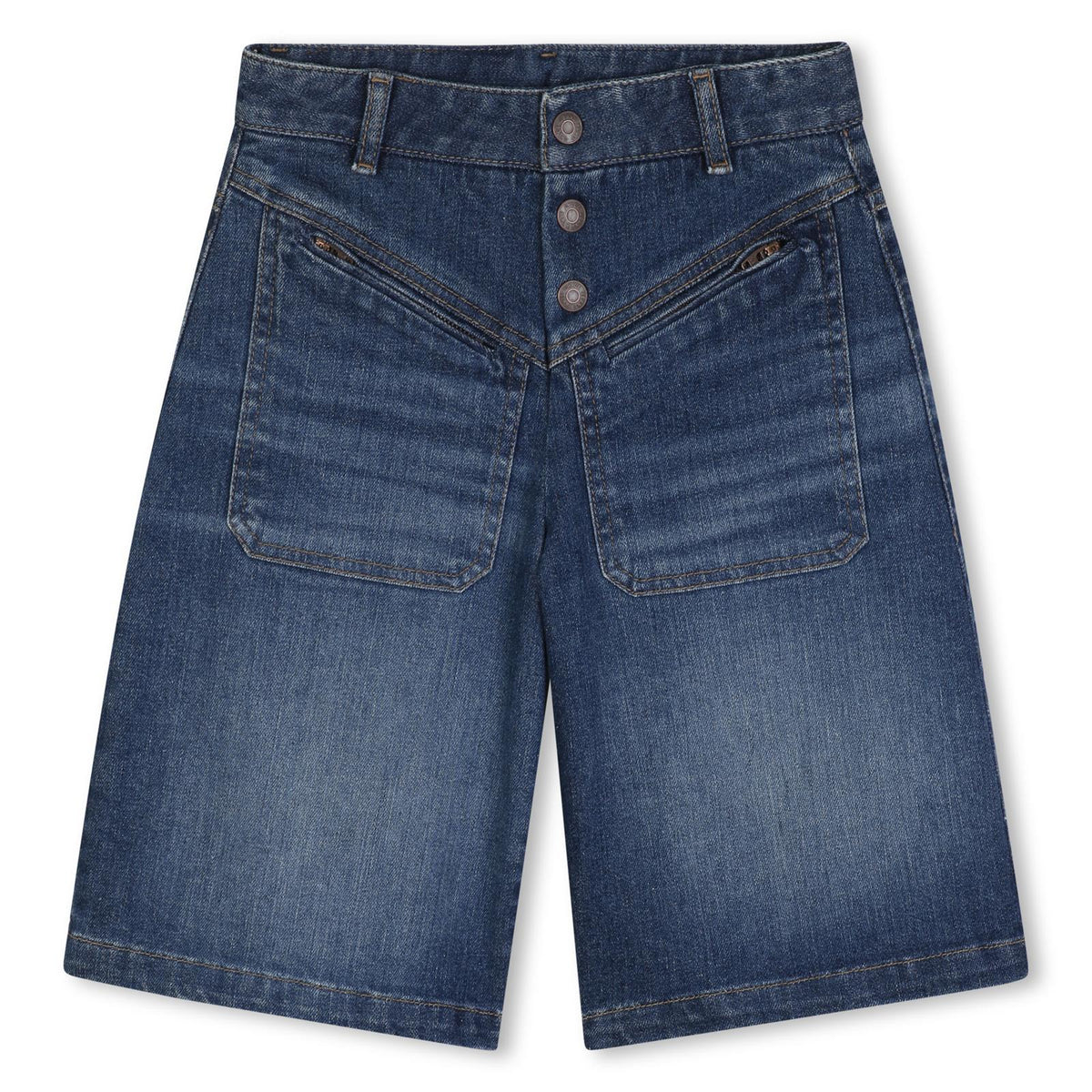 Cotton from organic farming denim shorts, davanti patch tasche con zipped chiusura, chloe branded metal buttons, chloe label in cow leather, vegetal tanning, on retro, vita regolabile con inside elastico band. C21260 Z10 CHLOE KIDS