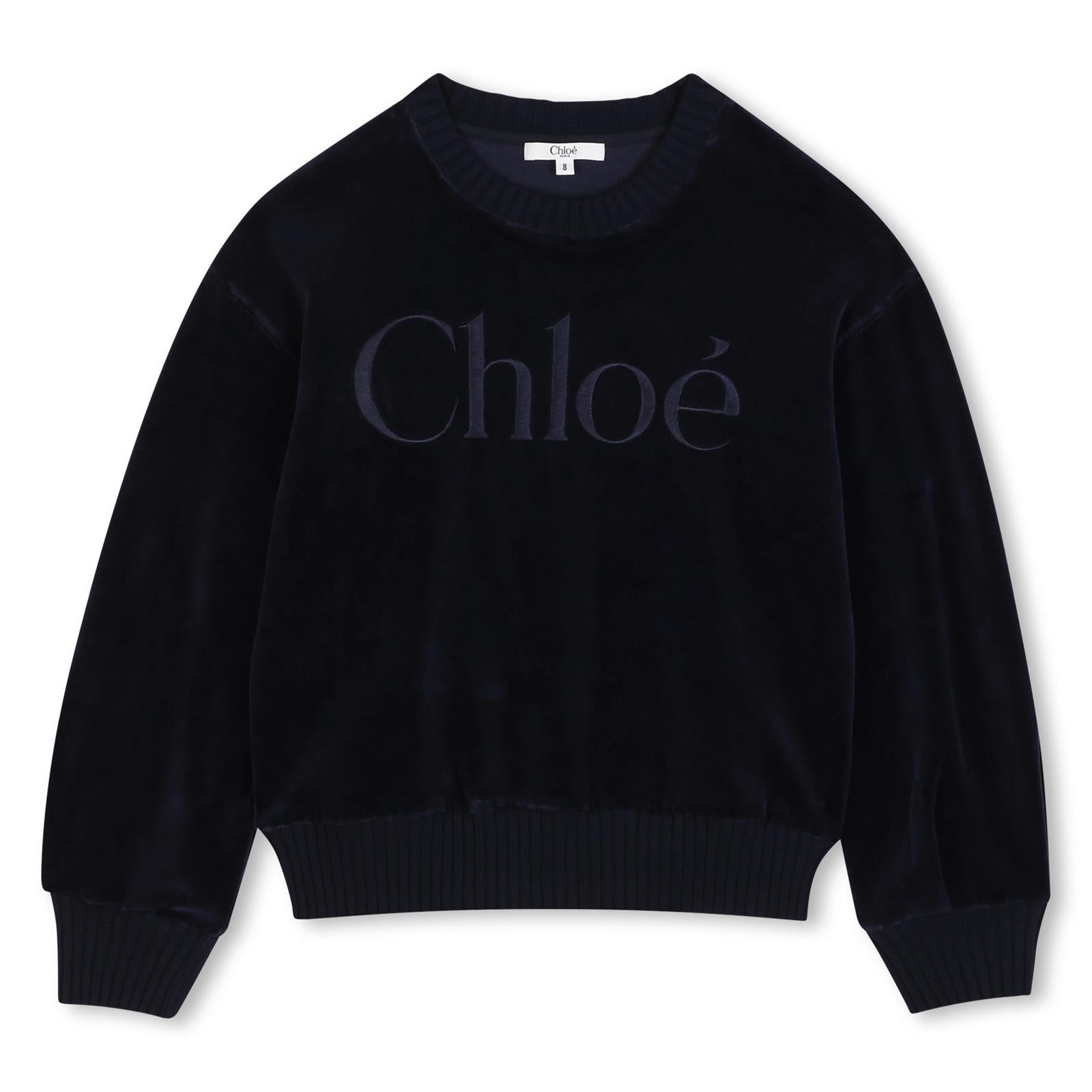 Velluto sweat-shirt, containing cotton from organic farming, chloe logo ricamato on davanti. C21285 859 CHLOE KIDS
