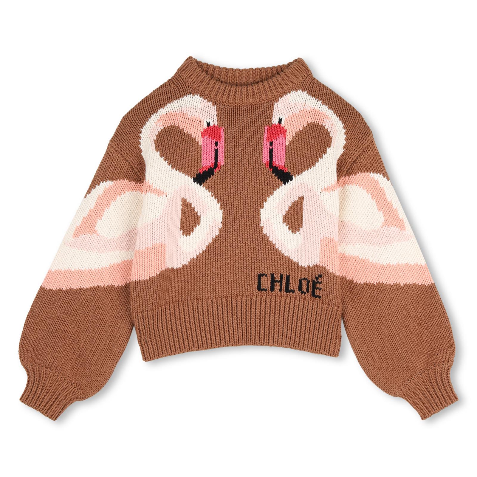 In maglia felpa, 90% containing cotton from organic farming e 10% wool, flamingo illustrazione e chloe logo in jacquard. C21294 31F CHLOE KIDS
