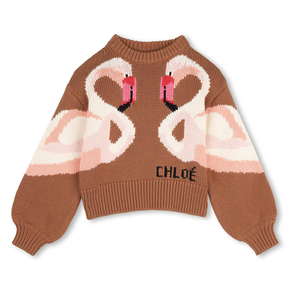 In maglia felpa, 90% containing cotton from organic farming e 10% wool, flamingo illustrazione e chloe logo in jacquard. C21294 31F CHLOE KIDS