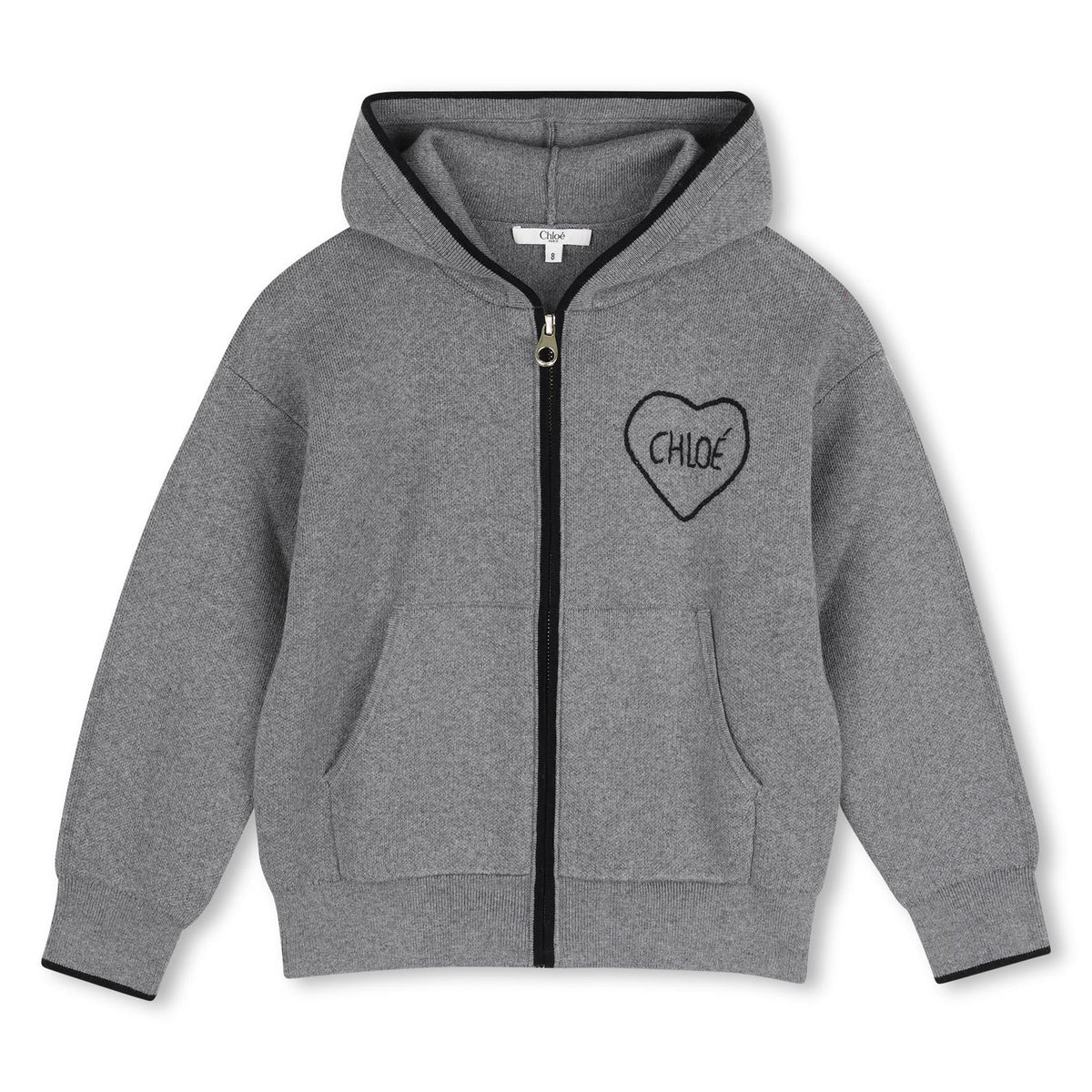 In maglia hoodie cardigan in 90% containing cotton from organic farming 10% wool filato, zipped chiusura, kangaroo tasca, chloe cuore hand ricamo on davanti. C21298 A46 CHLOE KIDS