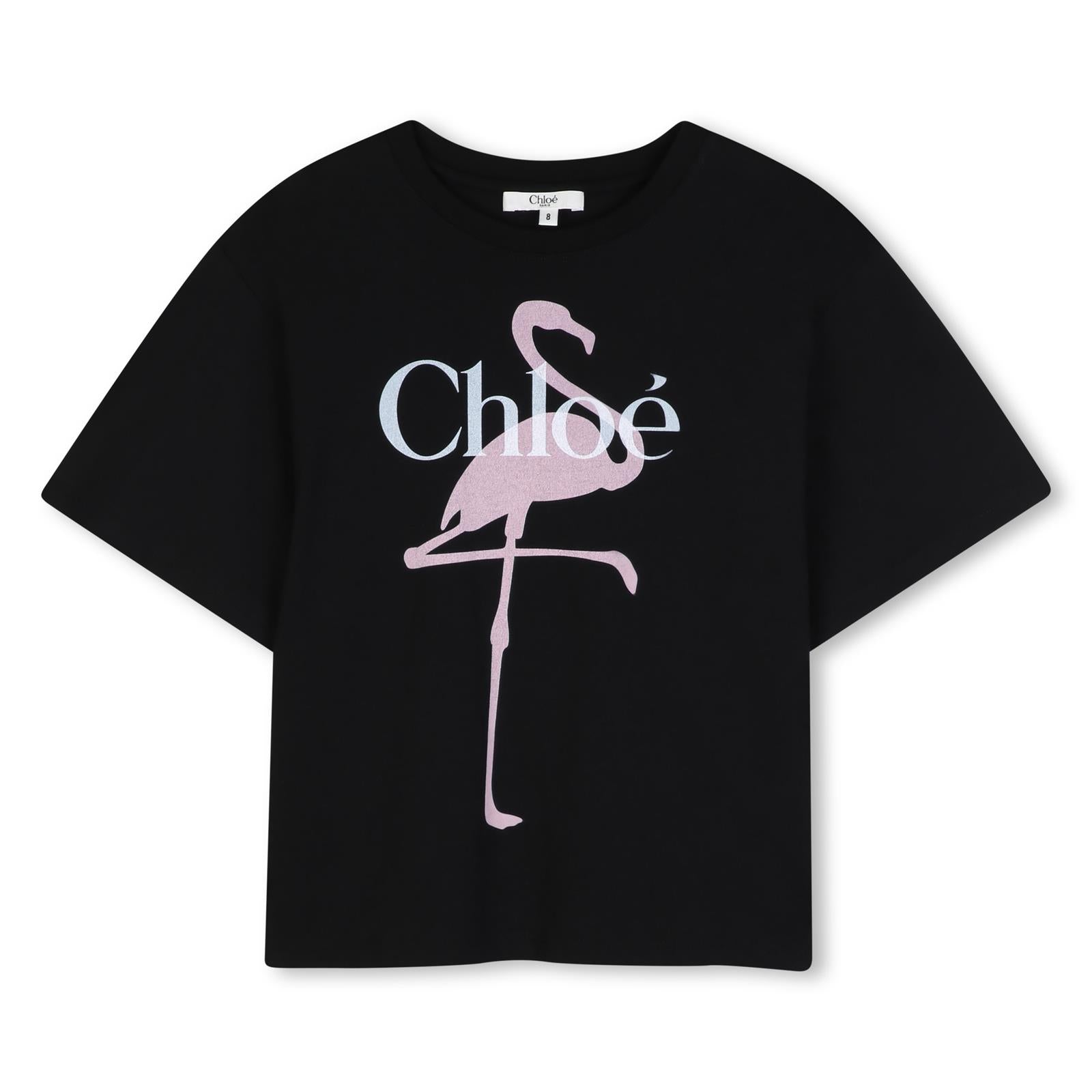 T-shirt in jersey containing cotton from organic farming, fantasia illusration branded con chloé logo printed on davanti. C21300 09B CHLOE KIDS
