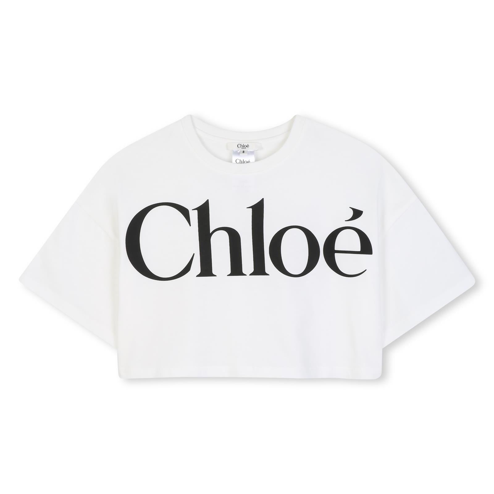 Jersey cropped t-shirt containing cotton from organic farming, chloé logo printed on davanti. Mini-me from womenswear. C21305 117 CHLOE KIDS