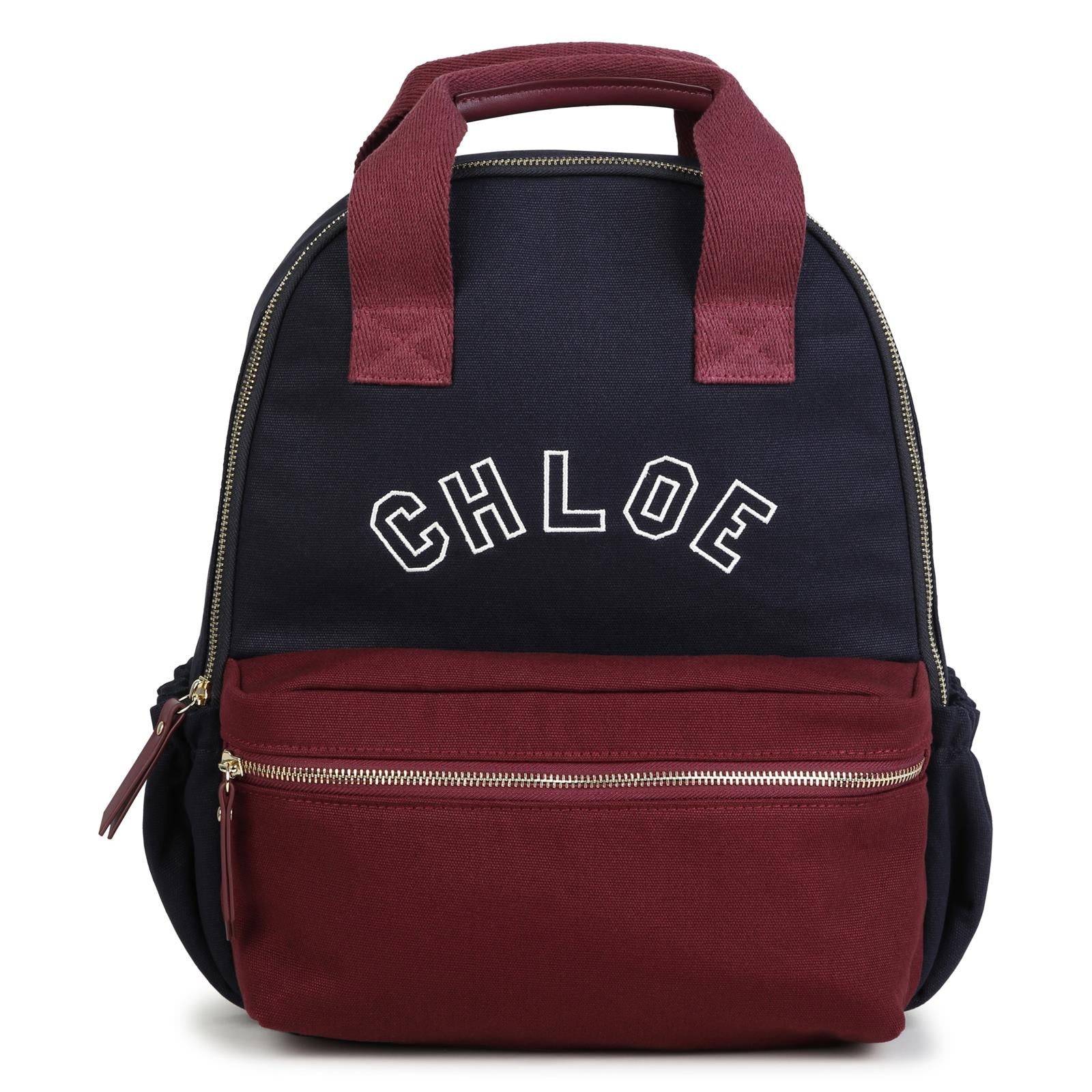 Canvas backpack, containing, cotton from organic farming, con grosgrain handles, chloé logo embroidred on davanti, twill fodera containing cotton from organic farming. Pieces, branded zip pullers e inside label in goat leather. Dimensions: w28xh36xd C21390 859 CHLOE KIDS