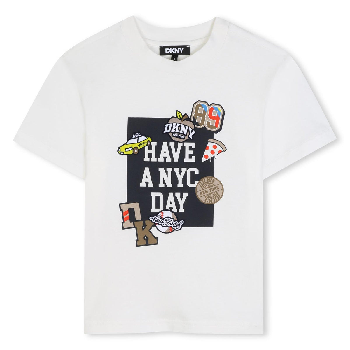 Maniche corte t-shirt in jersey 100% cotton from organic farming. Printed dkny illustrazione sul davanti con flocking detail. D62723 117 DKNY KIDS