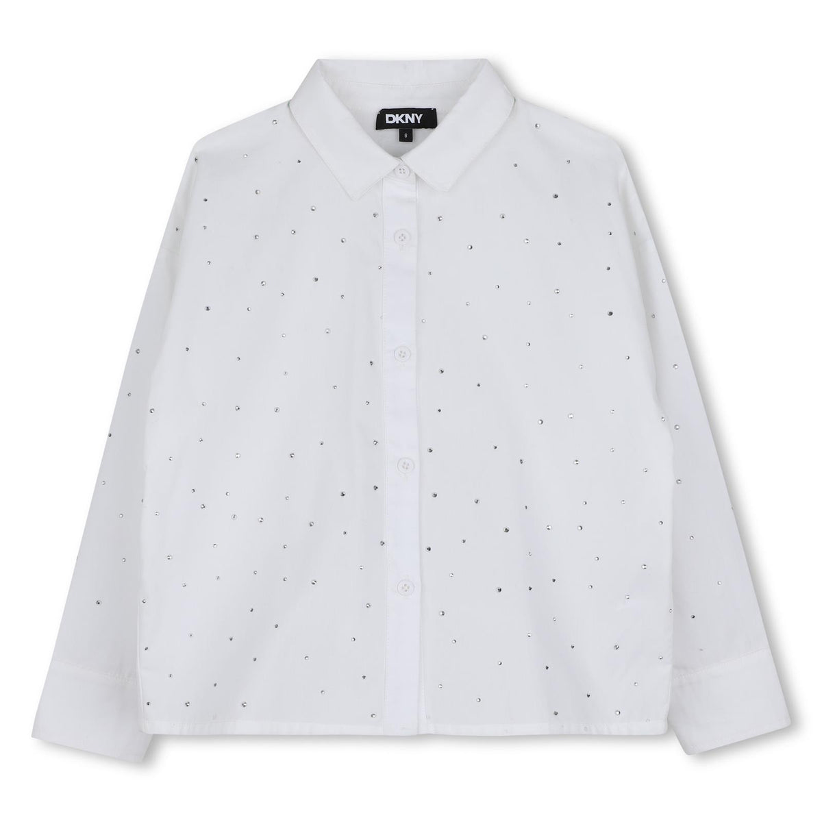 Mini-me maniche lunghe shirt in cotton poplin con strass sul davanti e at maniche. Buttons chiusura sul davanti. Pleat e dkny metal plate al retro. D62782 10P DKNY KIDS