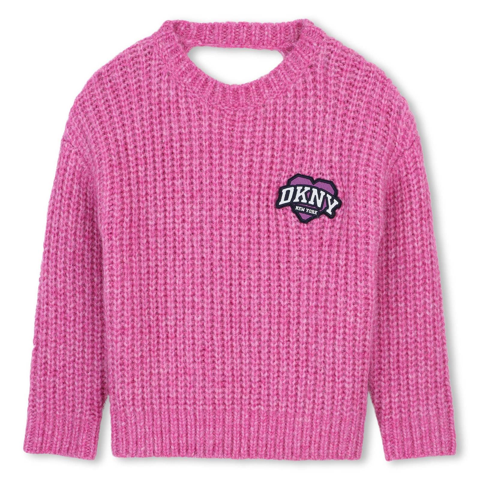 Felpa in 52% acrylic, 25% polyester, 15% nylon, 8% wool. Cuore ricamato patch at chest. Fantasia retro. D62899 479 DKNY KIDS