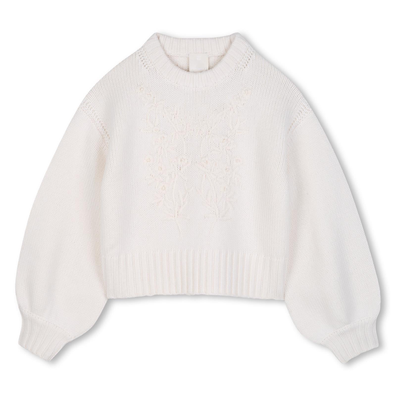 In maglia felpa in 80% wool e 30% cashmere. Floral pattern handmade ricamo at davanti. Tone on tone givenchy logo ricamo at retro. H31324 117 GIVENCHY KIDS