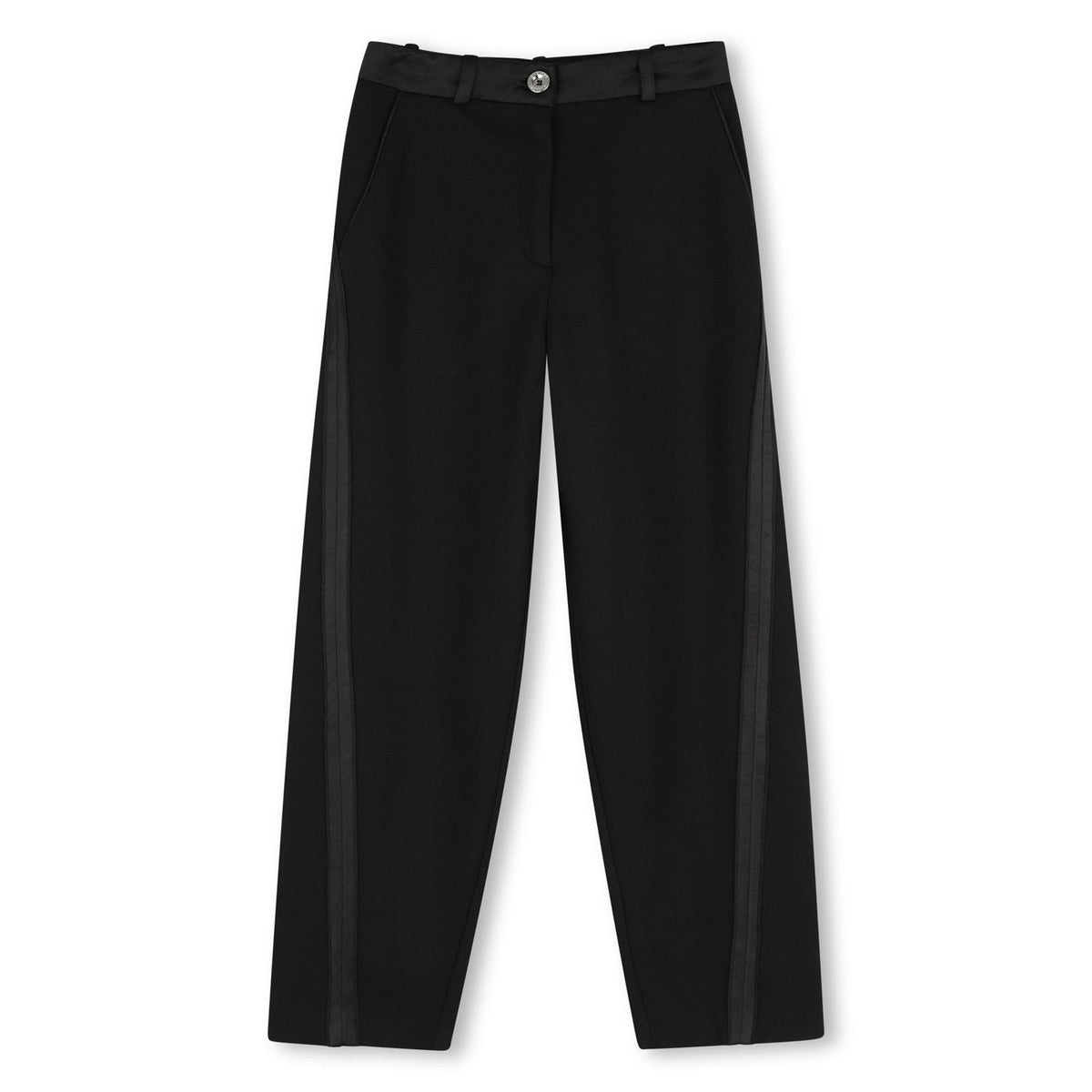 Cotton modal elastane polyamide milano pantaloni. Satin tapes detail on twisted legs. Silver color button at vita. Ottoman braid con givenchy logo tone on tone high density printed, at retro vita. H31337 09B GIVENCHY KIDS
