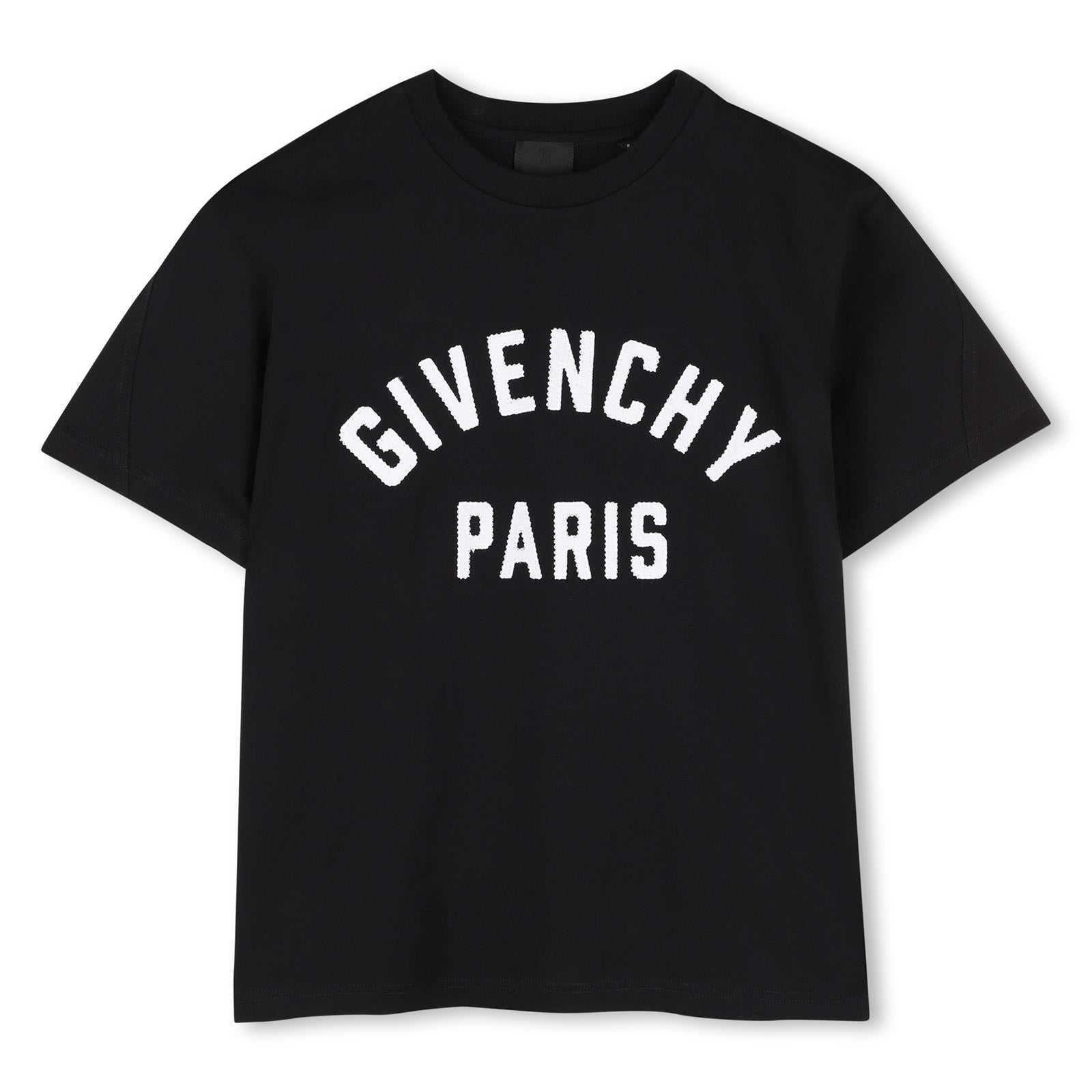 T-shirt in jersey, cotton from organic farming, twisted seams on maniche, color contrasted givenchy logo patch ermbroidery at davanti. H31345 09B GIVENCHY KIDS
