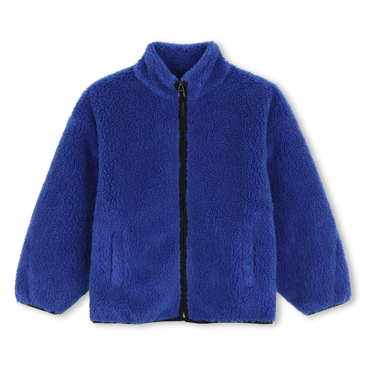 Bi faces cardigan, face side in faux shearling blue color, retro side in jersey black color. Zipped middle davanti. Givenchy logo ricamo at retro. H31403 865 GIVENCHY KIDS