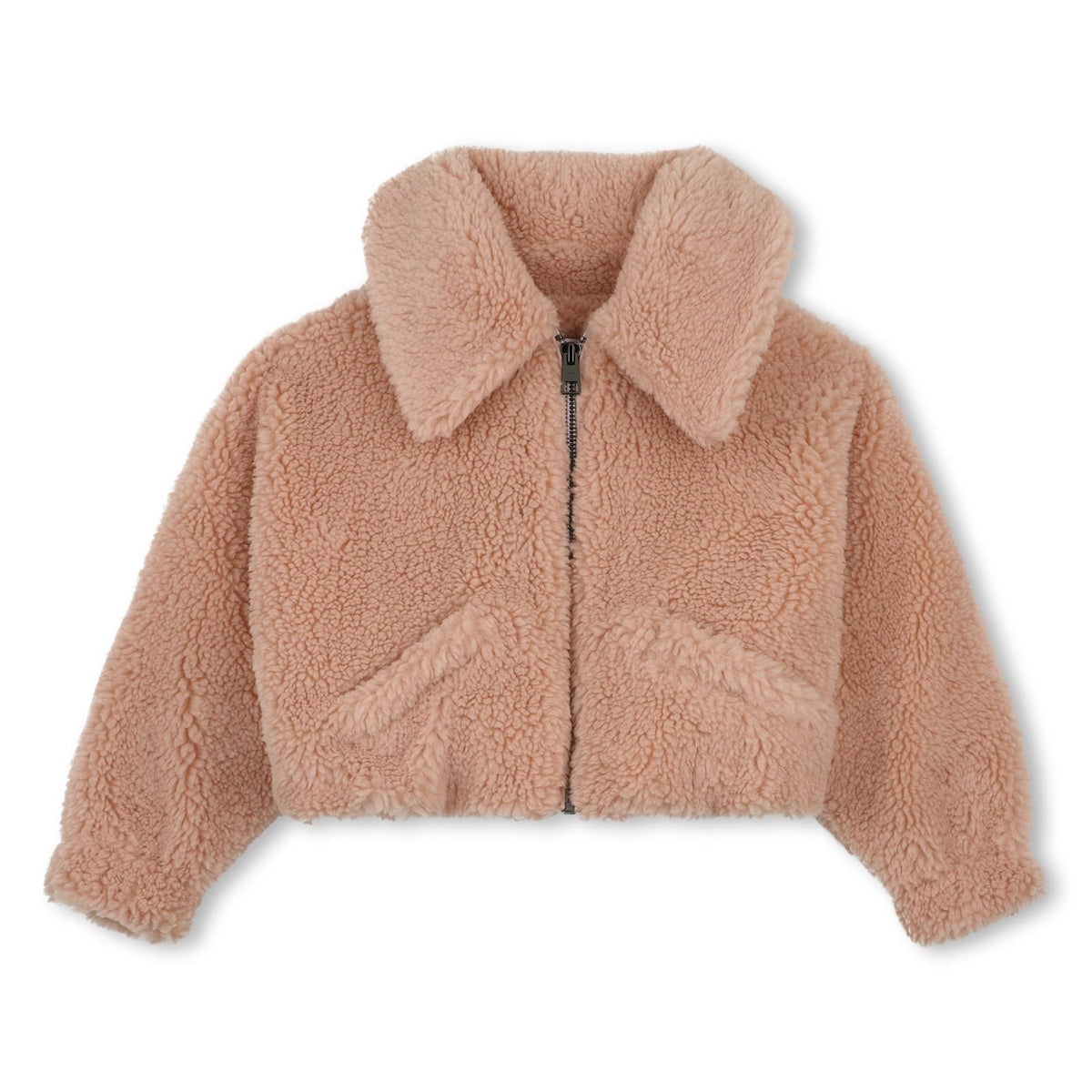 Polyester faux shearling bomber jacket, lined in color contrasted off white polyester nylon. Bubble shape adjusted at body fondo. Zipped middle davanti. Color contrasted givenchy logo ricamo at retro. H31425 46G GIVENCHY KIDS
