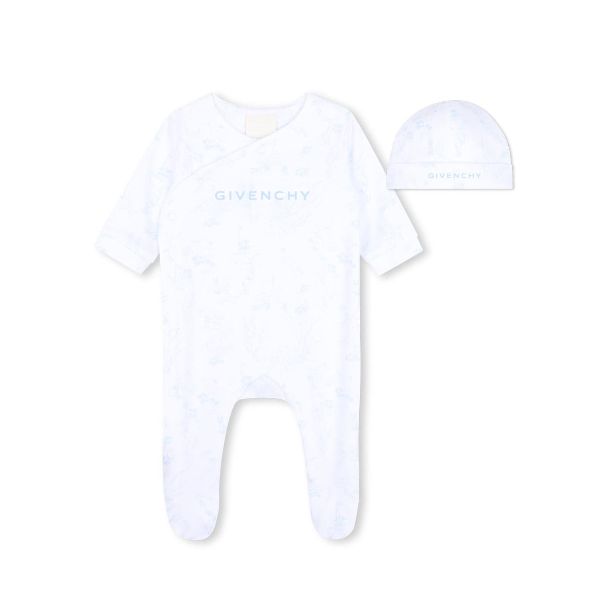 Night set, pyjamas e hat, in organic cotton interlock. Toile de jouy all-over printed. Color contrasted givenchy logo stampa sul pyjamas e hat. H31534 N48 GIVENCHY KIDS