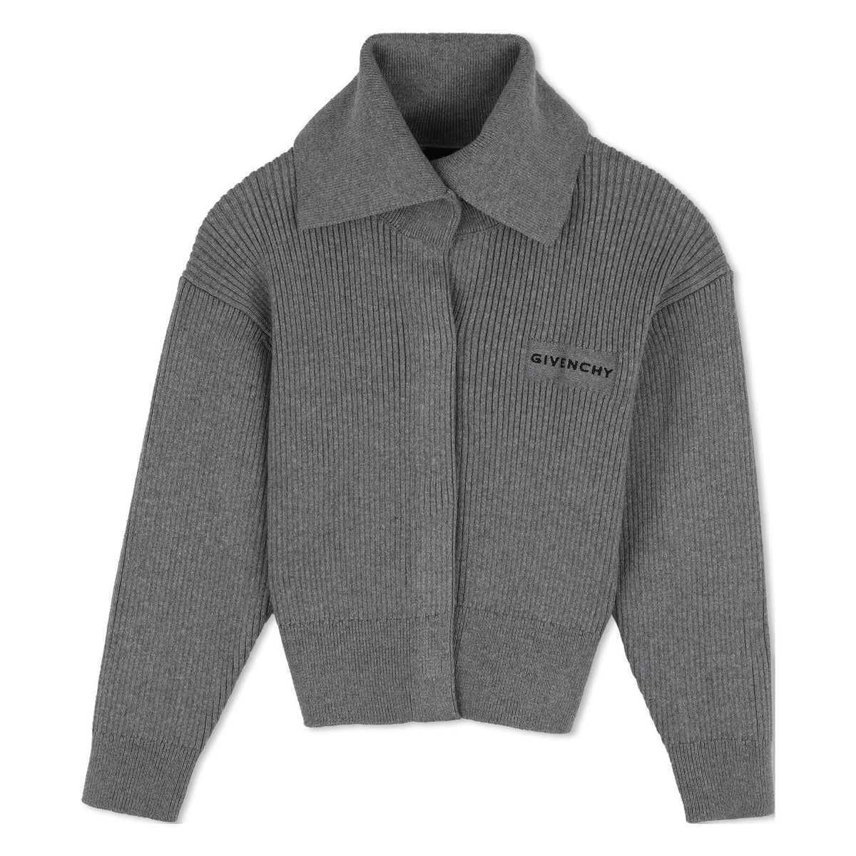 Cardigan in maglia, costina knitting high gauge, 95% cotton e 5% cashmere. Fantasia oversize high collar. Oversize snaps middle davanti chiusura. Color contrasted givenchy logo ricamo at chest. H31549 A47 GIVENCHY KIDS