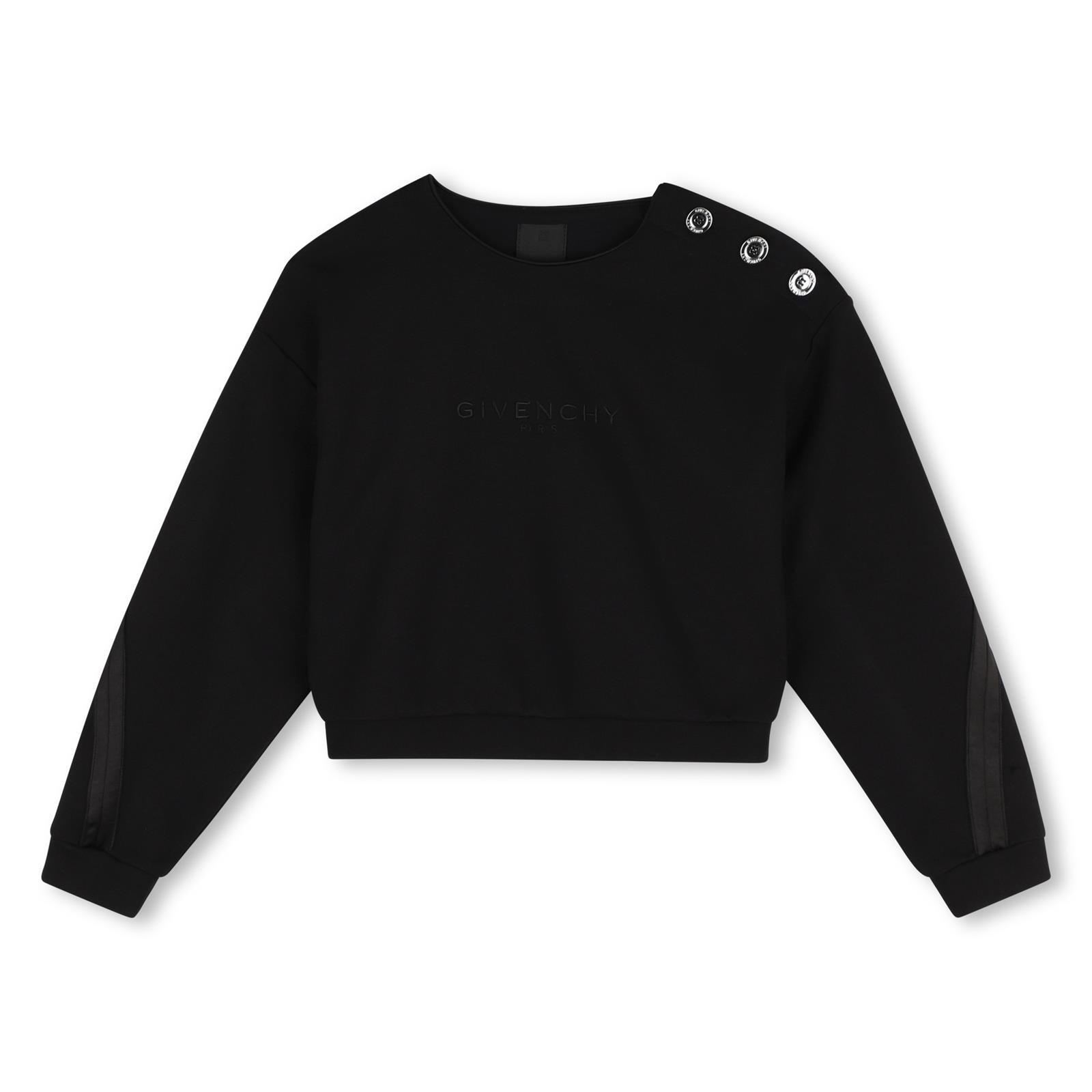 Cotton modal elastane polyamide milano sweatshirt. Sateen tapes detail on twisted maniche. Silver color button at spalla opening. Givenchy logo ricamo at davanti. H31560 09B GIVENCHY KIDS