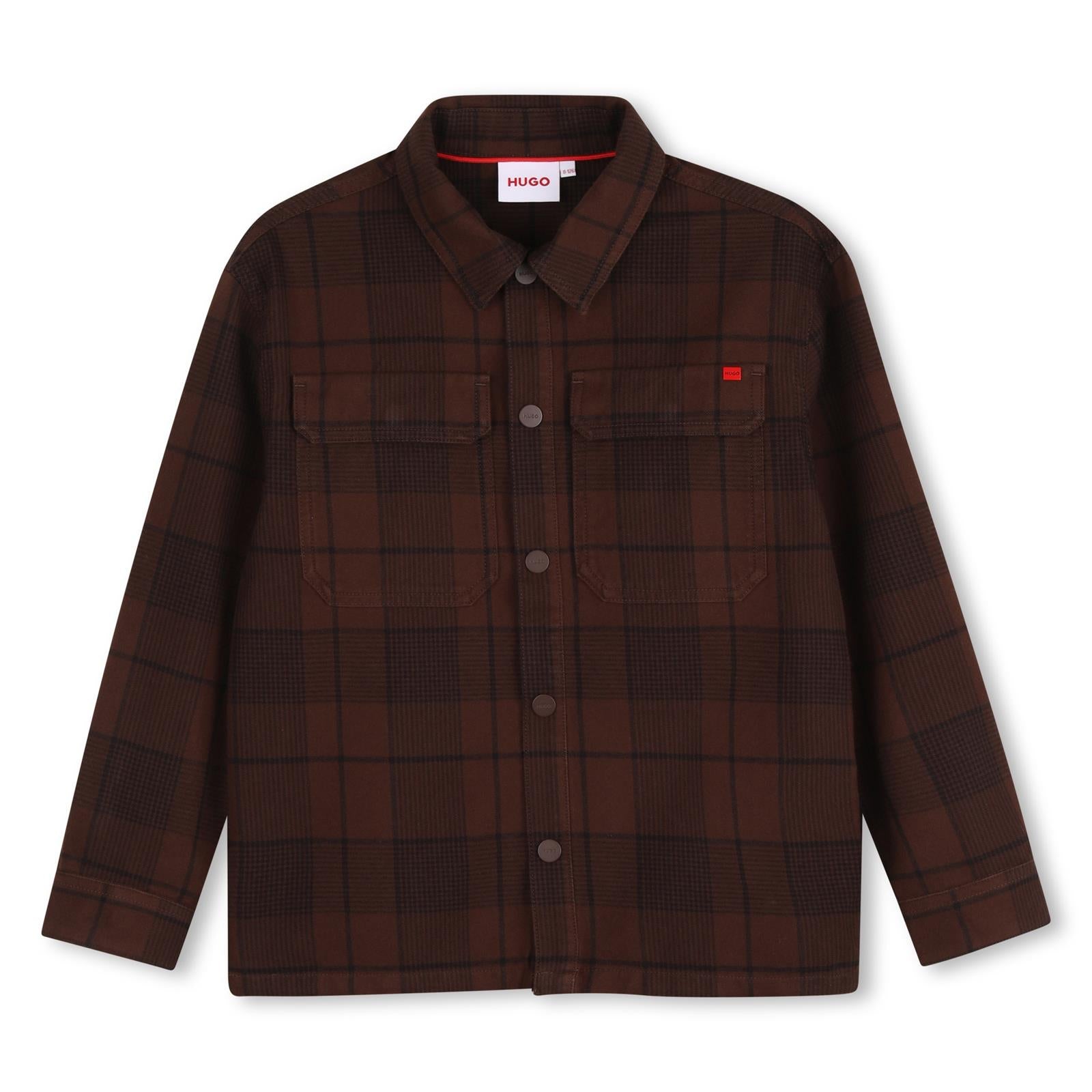 100% cotton twill shirt, all-over printed check, chiusura con bottoni automatici sul davanti, 2 flap tasche sul davanti, metal logo plaque sul davanti tasca, snap openings al polsini, cutout al retro. G01226 33G HUGO KIDS
