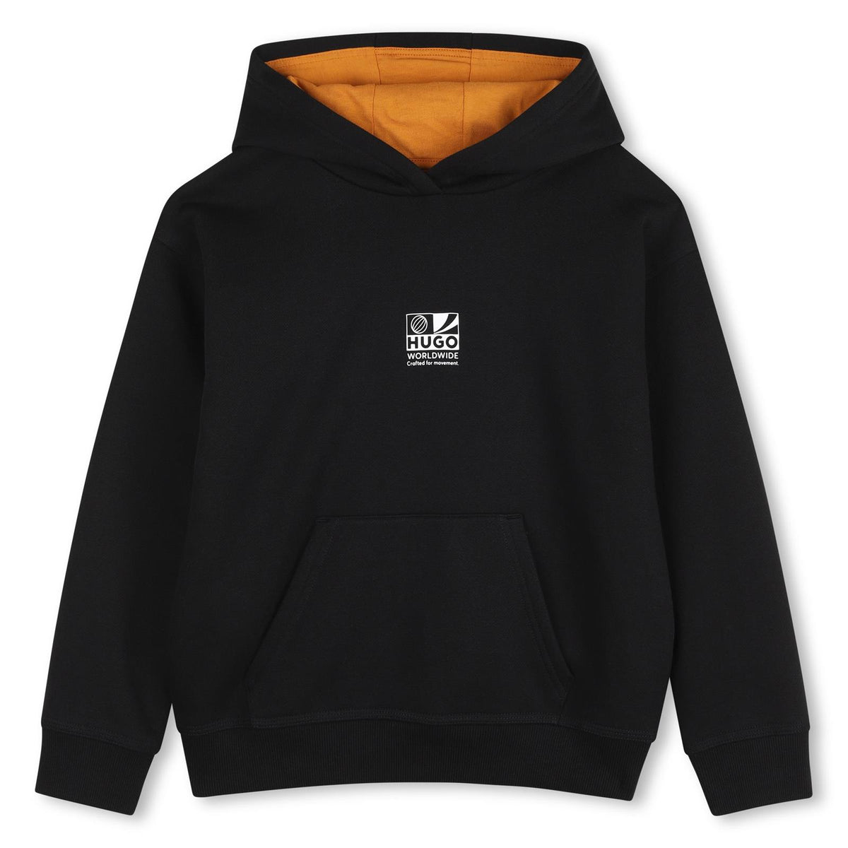 Brushed cotton polyester fleece hoodie, kangaroo tasca sul davanti, fantasia logo printed sul davanti, elastico hem e polsini, a contrasto cappuccio fodera, illustrazione fantasia printed sul retro. Vestibilità morbida G01234 09B HUGO KIDS