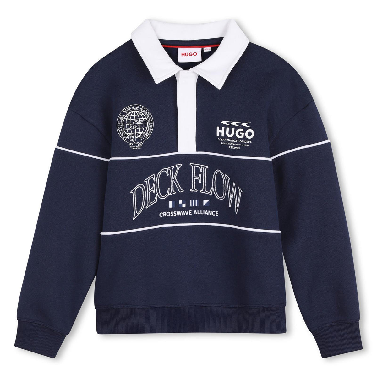 Polo neck sweatshirt in brushed cotton polyester fleece, chiusura con bottoni automatici al collar, piped cutouts al maniche e davanti, fantasia prints sul davanti, elastico fondo e polsini, vestibilità morbida G01237 85C HUGO KIDS