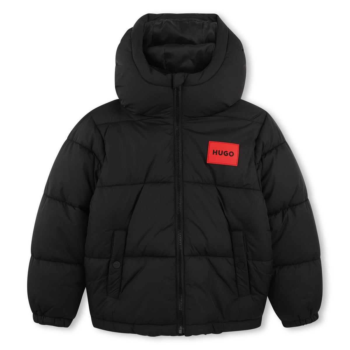Con cappuccio padded jacket in recycled polyamide, rubber badge sul chest, press-stud tasche sul sides, elastico polsini, zip chiusura, invisible tasca inside. G01254 09B HUGO KIDS