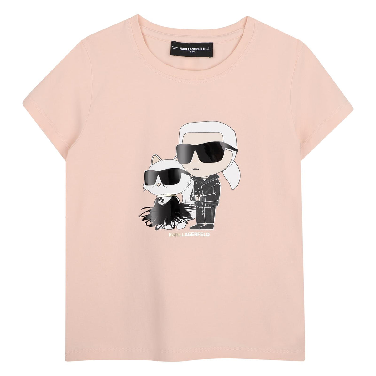 Maniche corte t-shirt in jersey in jersey containing organic cotton. Choupette e karl/choupette illustrazione con effetto metallizzato ink. Branded illustrazione karl lagerfeld sul retro. Z31308 471 KARL LAGERFELD KIDS