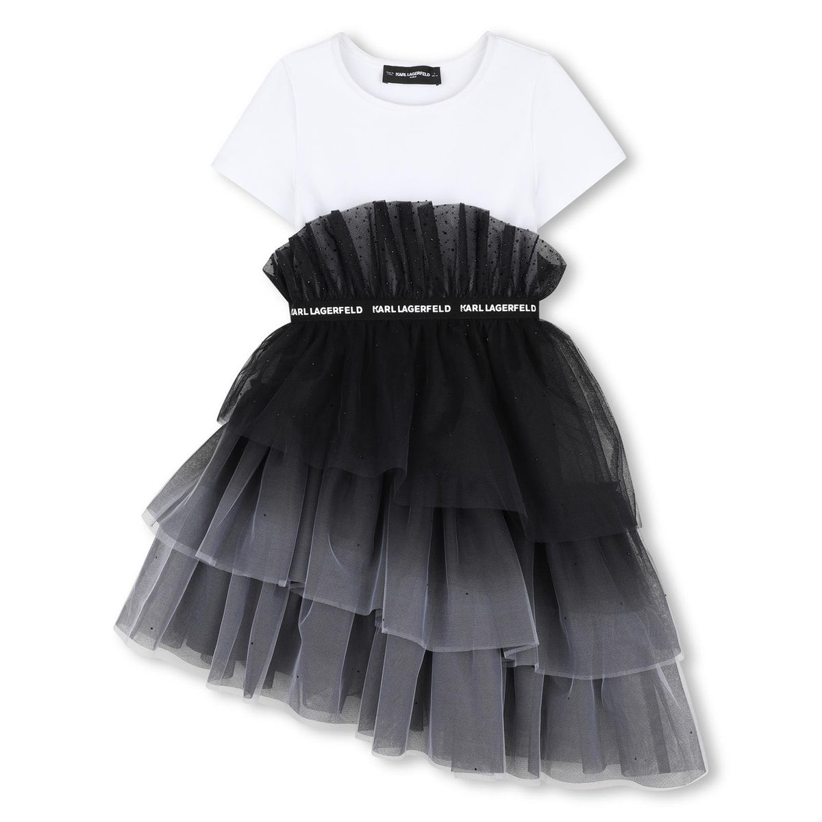 Bi-material ceremony vestito. Milano top. Gradient tulle fondo con strass. Viscose fodera. Elastico band con karl lagerfeld logo. Z31326 N50 KARL LAGERFELD KIDS