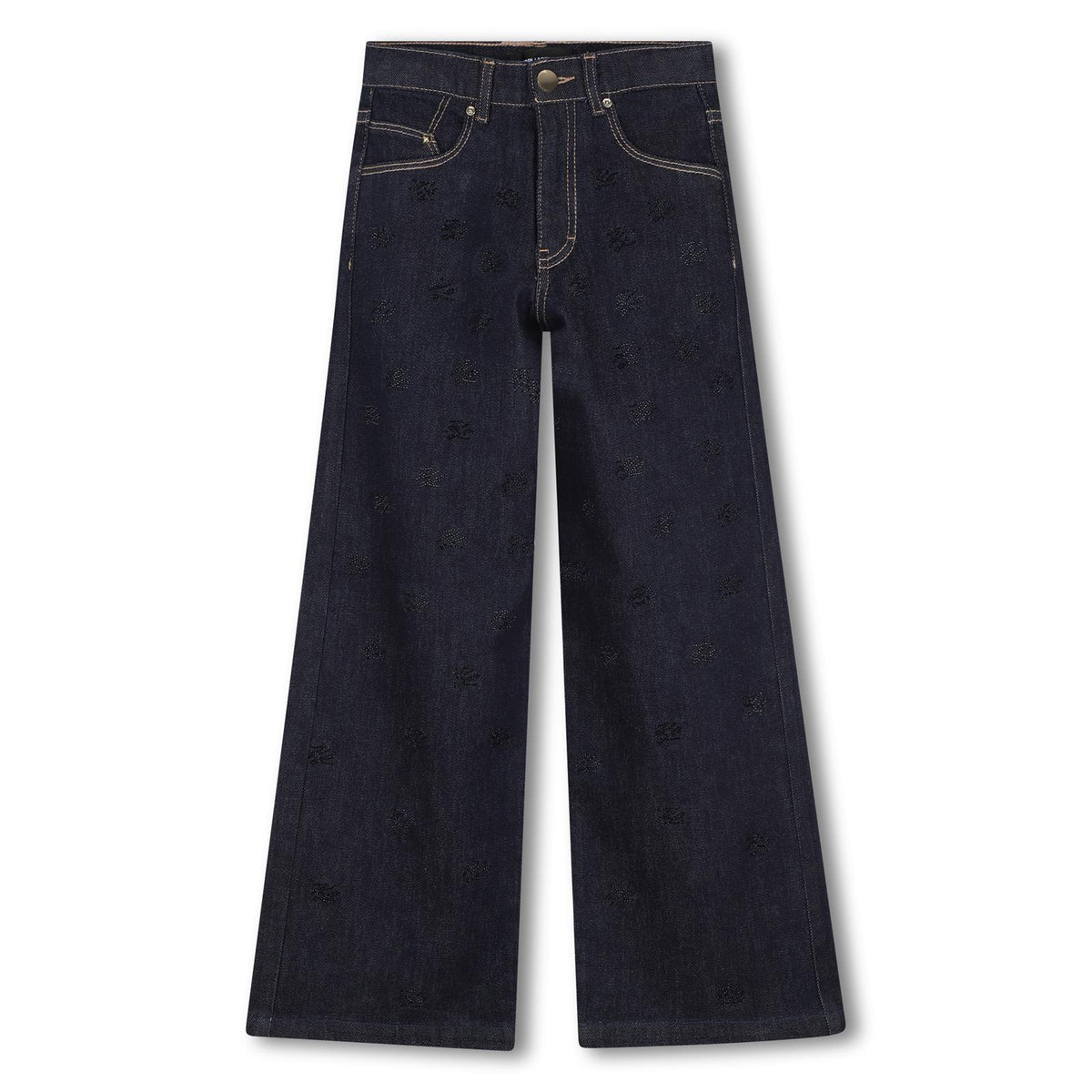 Pantaloni in denim (99% cotton, 1% elastane). Vestibilità ampia. Kl autograph strass sul davanti. Button e zip chiusura sul davanti. Vita regolabile up to size 10y. Davanti e retro tasche. Branded plaque sul retro of fascia in vita. Z31342 Z10 KARL LAGERFELD KIDS