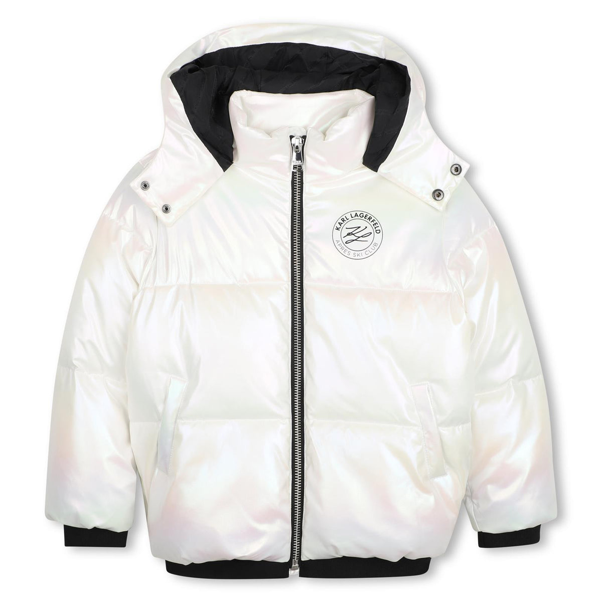Iridescent piumino con cappuccio con zip chiusura.quilted padding. 1*1 ribbed hem e polsini. Piped tasche. Karl lagerfeld logo fodera. Karl lagerfeld illustrazione sul chest e retro. Water repellent. Z31357 N57 KARL LAGERFELD KIDS