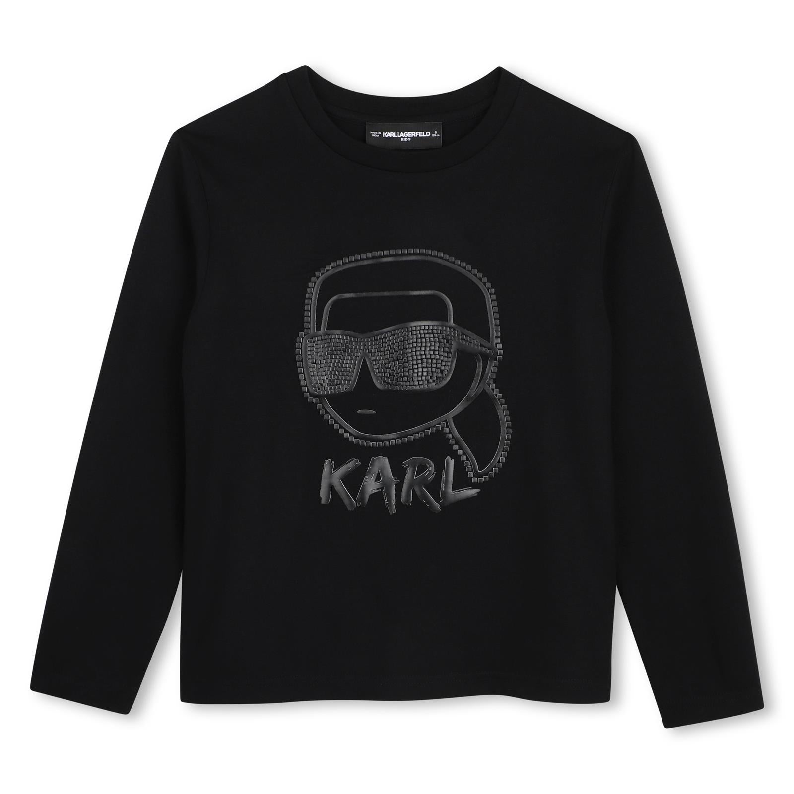 Long-maniche jersey t-shirt in organic cotton jersey. Karl head illustrazione sul davanti con 3d effect e karl lagerfeld logo illustrazione sul retro. Z31360 09B KARL LAGERFELD KIDS