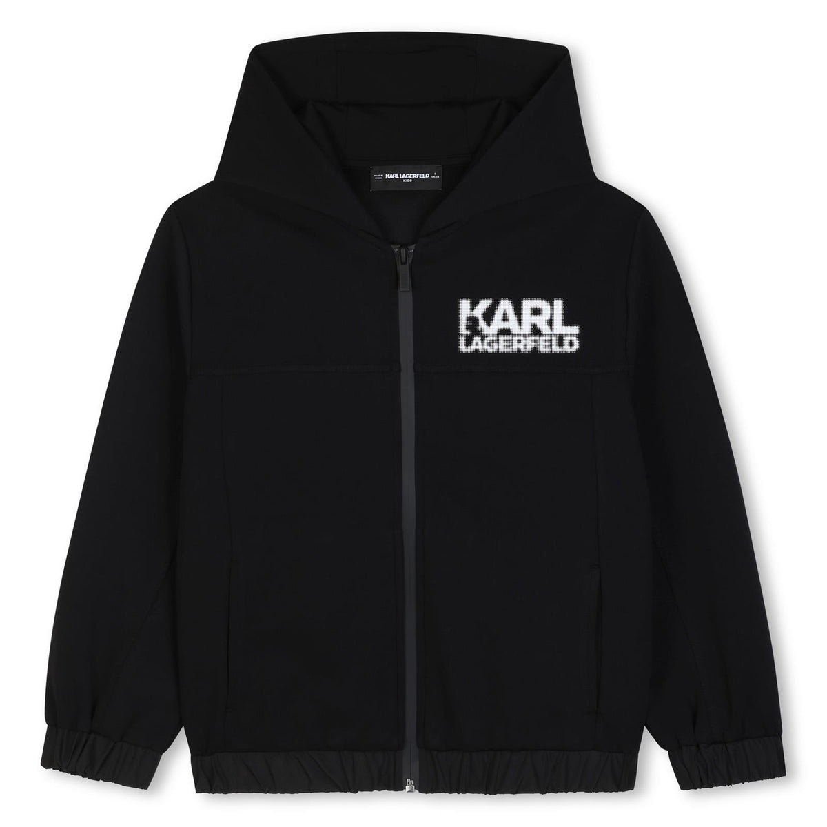 Con cappuccio cardigan in double jersey. Zip chiusura. Side tasche. Polyamide fabric al base e polsini. Karl lagerfeld logo in rubber sul chest e retro. Z31377 09B KARL LAGERFELD KIDS