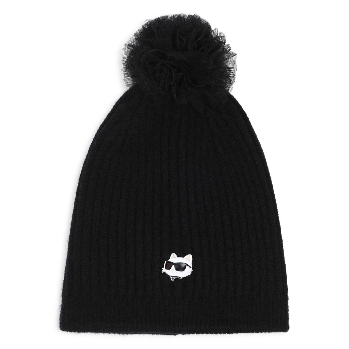 Knit beanie in double layer. Pompom in mesh e choupette badge. Rubber branded label on side. (pc/pa/pl) Z31425 09B KARL LAGERFELD KIDS