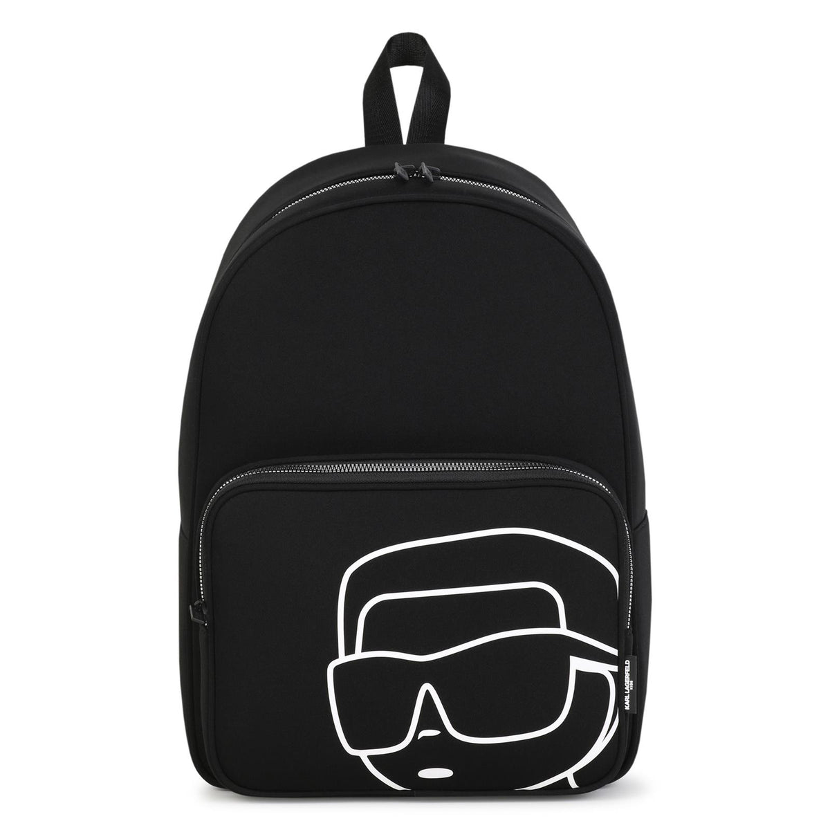 Backpack in jersey fabric. Karl stampa con silicone effect. Padded retro e spalla straps con mesh, for better comfort. Branded zips chiusura. Branded fodera. Dimensions : 38x27x15cms. (compo: polyester) Z31445 09B KARL LAGERFELD KIDS