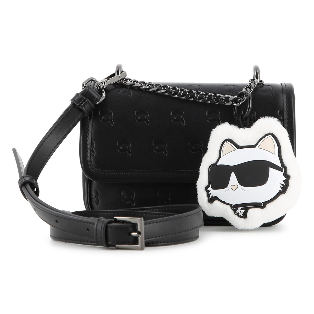 Handbag in simili con karl all-over hollow. Removable eco-pelliccia choupette key charm. Removable e regolabile strap in simili. Short handle in metal chain. Magnet chiusura. Branded fodera. Metal plate on retro. Dimensions : 12x18x5cms Z31458 09B KARL LAGERFELD KIDS
