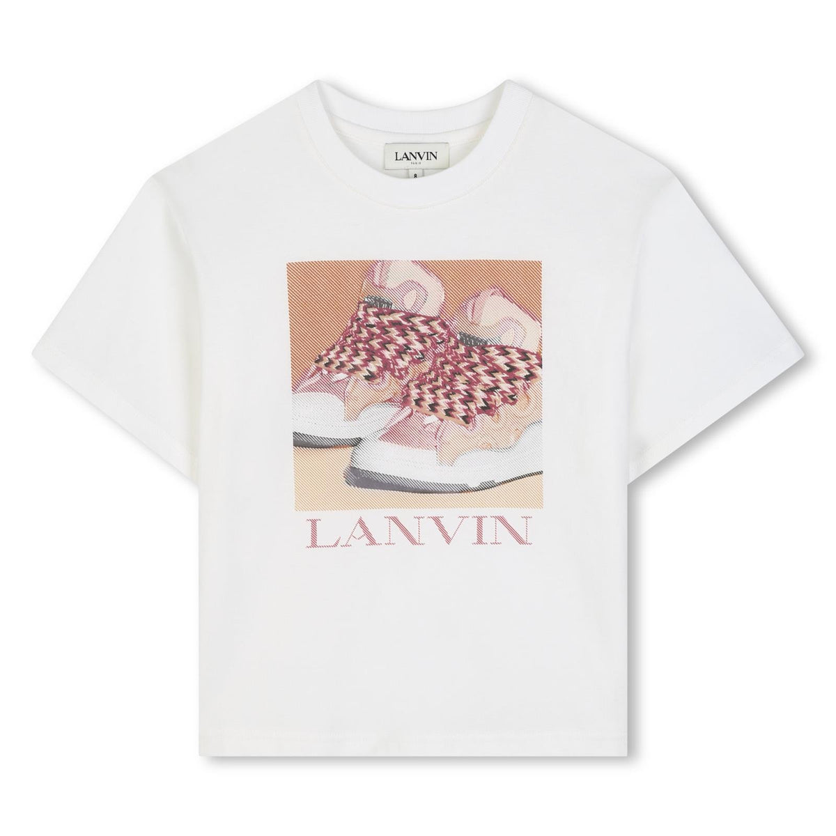 Cotton from organic farming jersey t-shirt con tone-on-tone ribbed scollo. Illustrazione fantasia inspired by curb trainer con lanvin signature in digital stampa. N30396 117 LANVIN KIDS