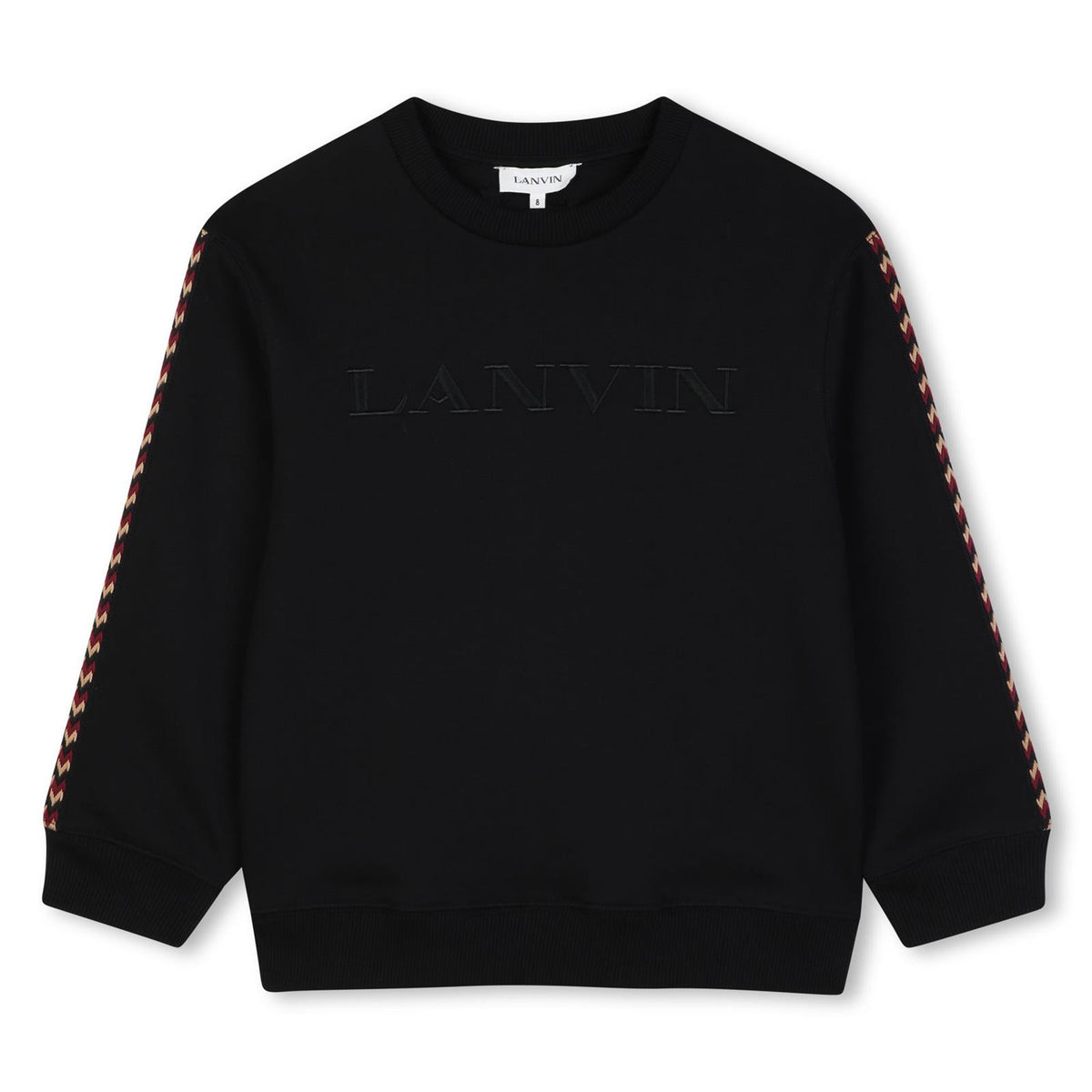Cotton from organic farming cotone garzato crewneck sweatshirt, tone-on-tone ribbed edges, curb braiding applied to sides of maniche. Tone-on-tone lanvin logos ricamato sul retro as a label e in a contrasto ricamo sul davanti. N30401 09B LANVIN KIDS