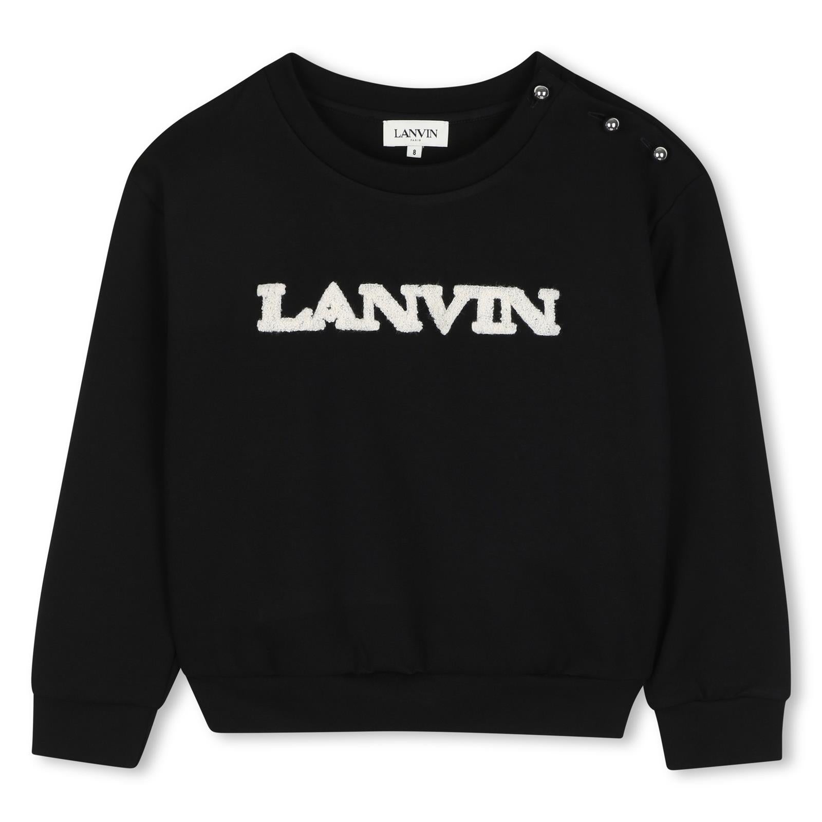Viscose from sustainably managed forests crewneck sweatshirt, ball button chiusura on spalla, faux leather label on retro con lanvin embossed branding, bouclette ricamo lanvin on davanti. Ricamo from adult collection. N30402 09B LANVIN KIDS