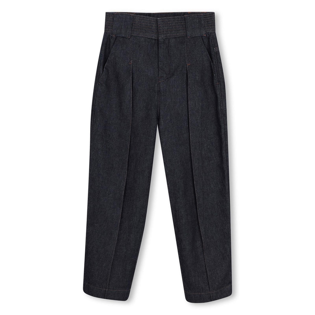 Cotton denim ball-shaped pantaloni, topstitching details sul fascia in vita, pintucks on legs, flap tasche on retro, vita regolabile con inside elastico band, faux leather label on davanti con lanvin embossed branding. N30420 Z28 LANVIN KIDS
