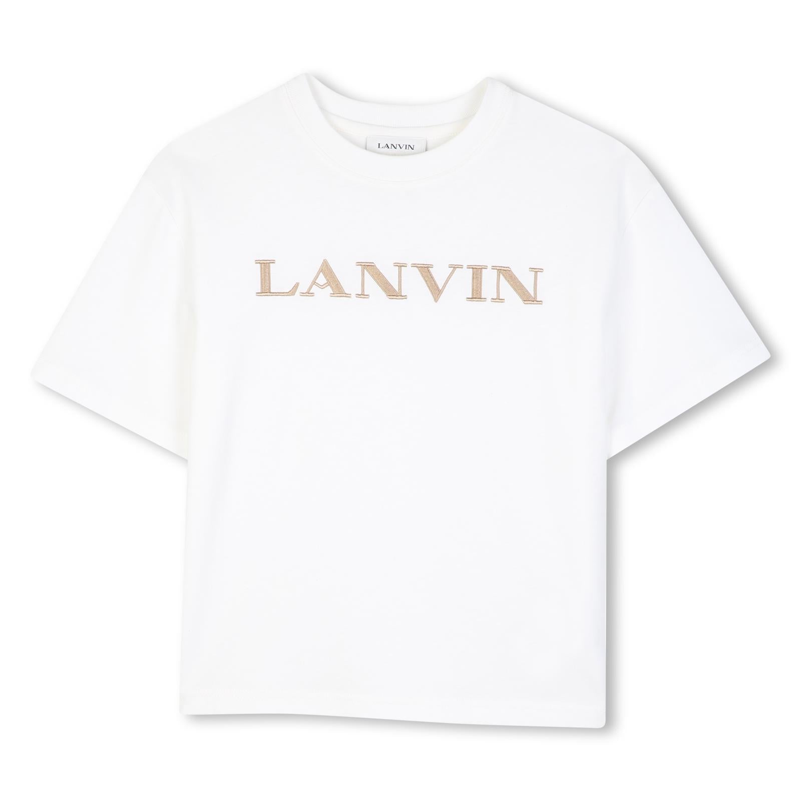 Cotton from organic farming jersey t-shirt, tone-on-tone ribbed scollo, lanvin brand ricamo sul davanti. N30426 117 LANVIN KIDS