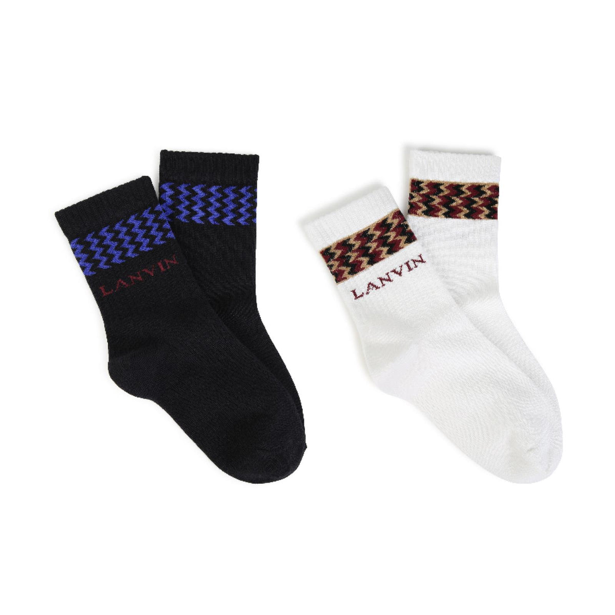 Set of 2 pairs of multicolored socks in cotton, polyamide e elastane, curb pattern con a contrasto lanvin jacquard branding sul side. Designs inspired by adult styles. N30454 N70 LANVIN KIDS