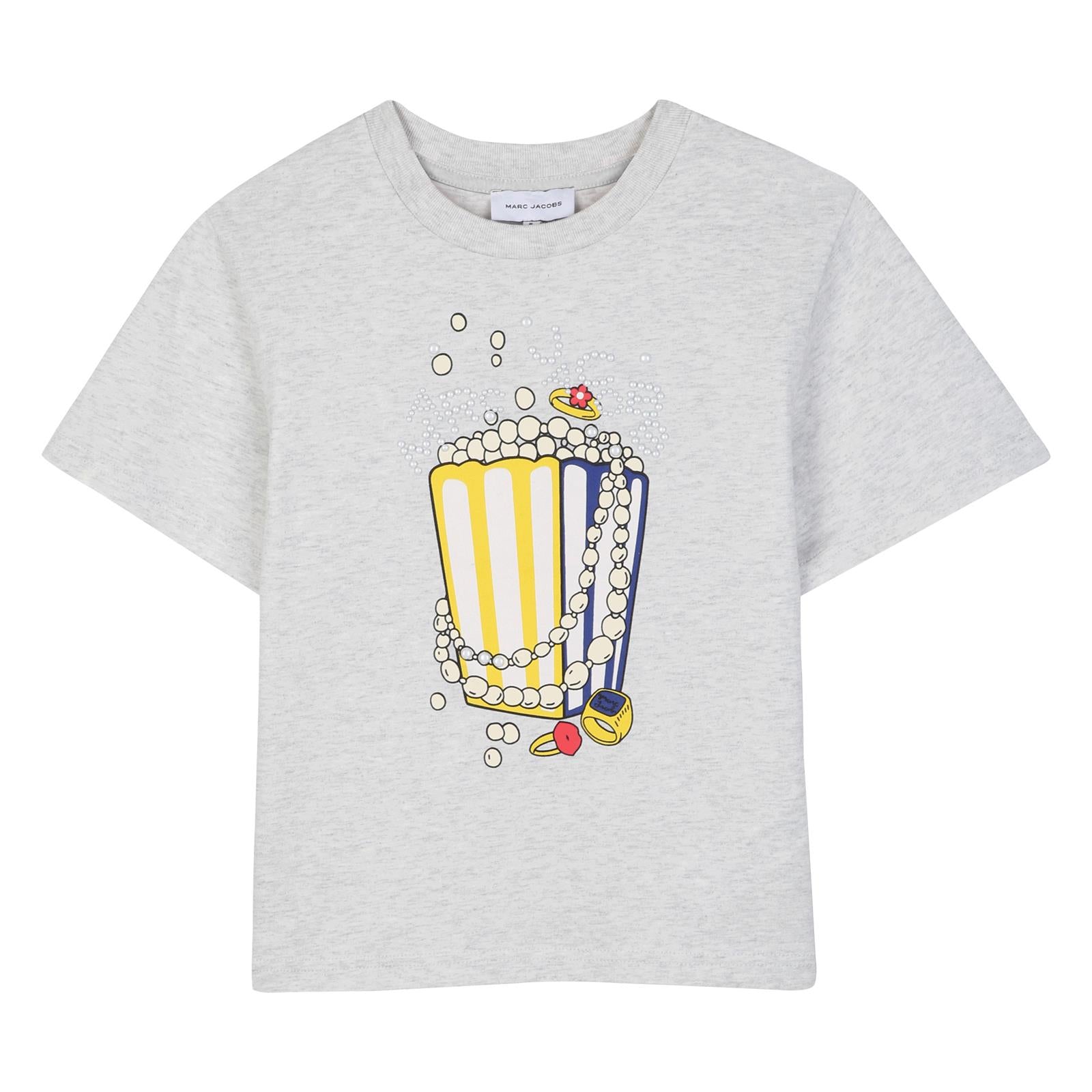 Heathered jersey t-shirt con a marc jacobs-branded popcorn illustrazione sul davanti, embellished con pearl-like borchie. W60996 A18 MARC JACOBS KIDS
