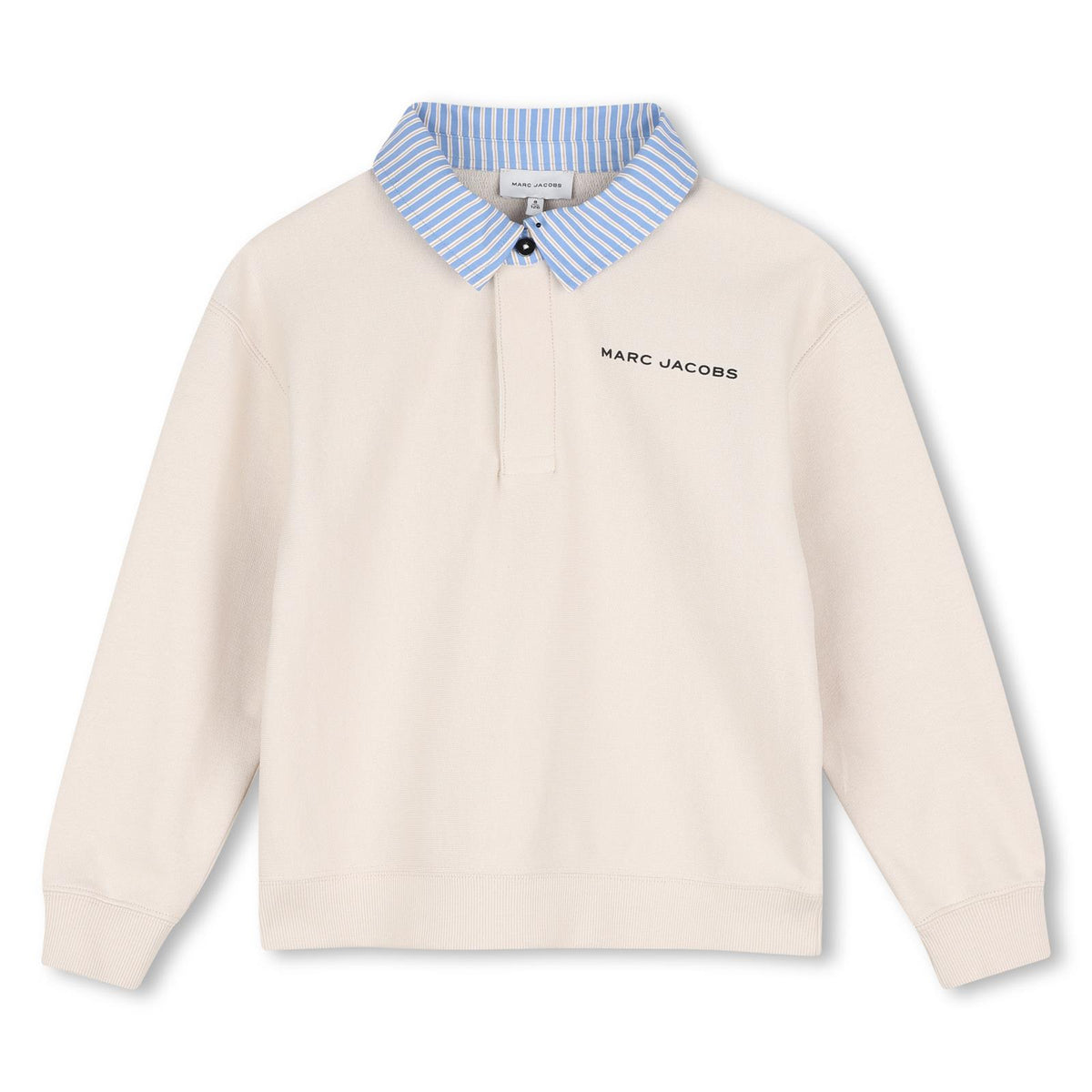 Organic cotton fleece sweatshirt con an elegant yet sporty style, featuring a a contrasto a righe polo collar con button, ribbed polsini, e a large marc jacobs illustrazione sul retro. A perfect blend of comfort e sophistication. W61038 24B MARC JACOBS KIDS