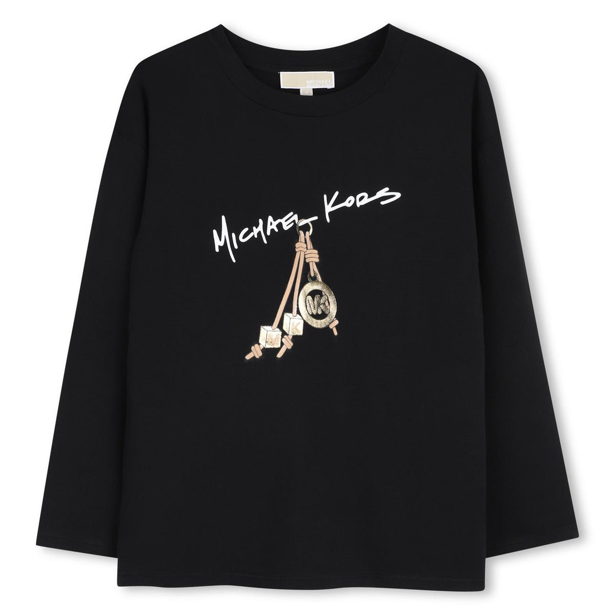 Long manica t-shirt in jersey (95% co, 5%ea). Michael kors con charms illustrazione in stampa e stampa con gold effetto metallizzato on davanti. R30684 09B MICHAEL KORS KIDS