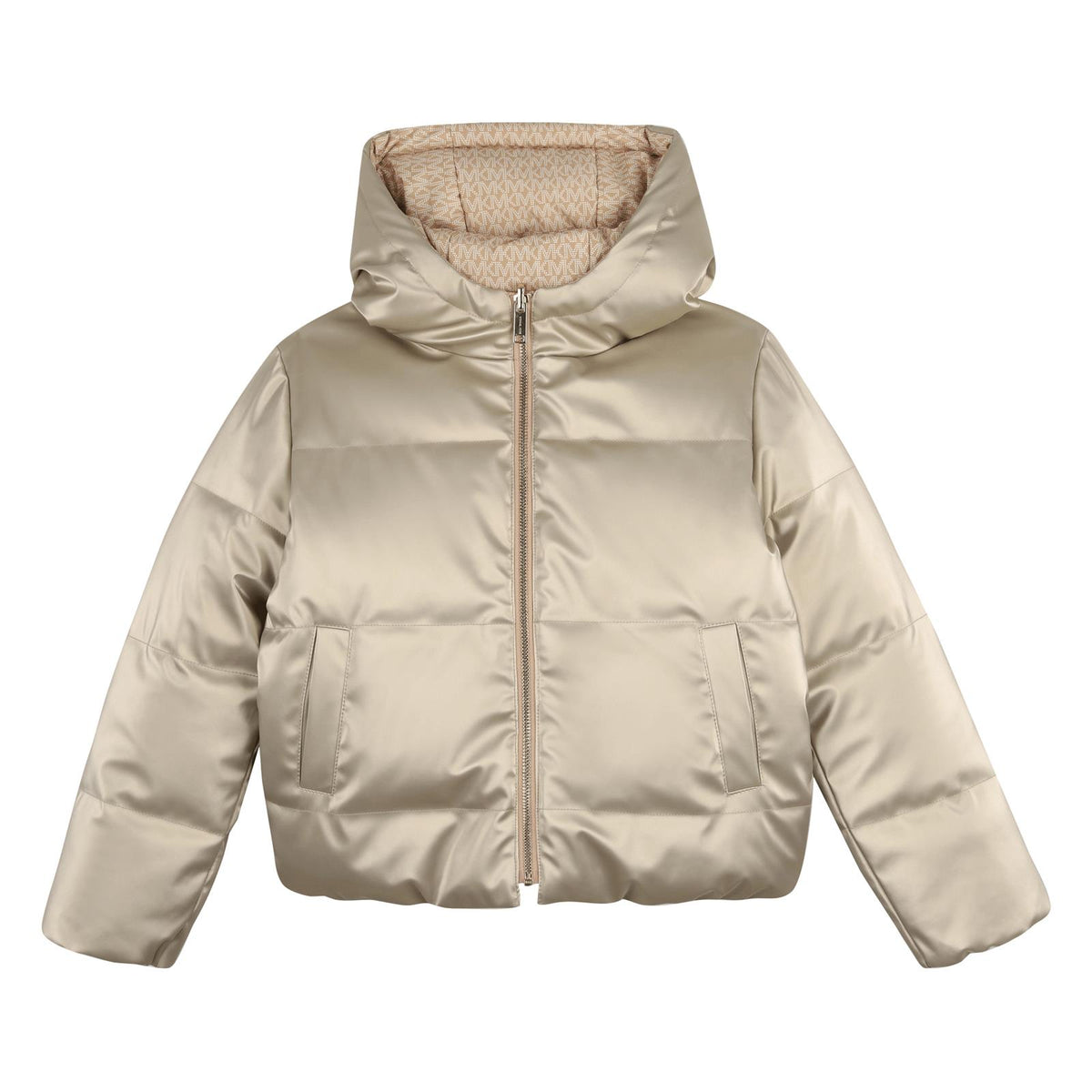 100%pl reversible con cappuccio down jacket. Signature davanti zip opening. One side «mk signature» stampa con side tasche. One side plain con zipped davanti tasche e imitation «mk» badge on one manica. R30692 301 MICHAEL KORS KIDS