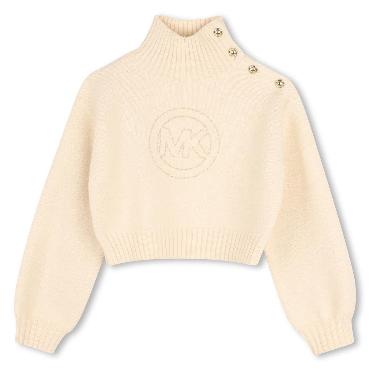 High-necked in maglia felpa. Ribbed collar, fondo garment e fondo maniche. "michael kors" branded buttons al spalla. "mk charm" ricamo sul davanti. R30720 247 MICHAEL KORS KIDS