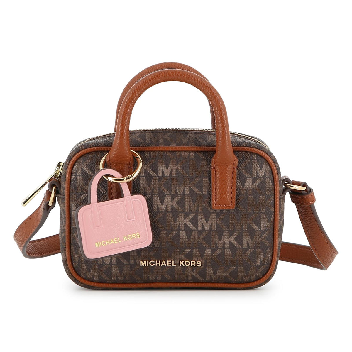 Handbag in monogram grained simili e grained simili con its removable bag key charm. Branded metal plate. Regolabile spalla strap in grained simili con gold buckles. Branded metal zip chiusura. Dimensions : 15x10x4.5cms. R30817 340 MICHAEL KORS KIDS