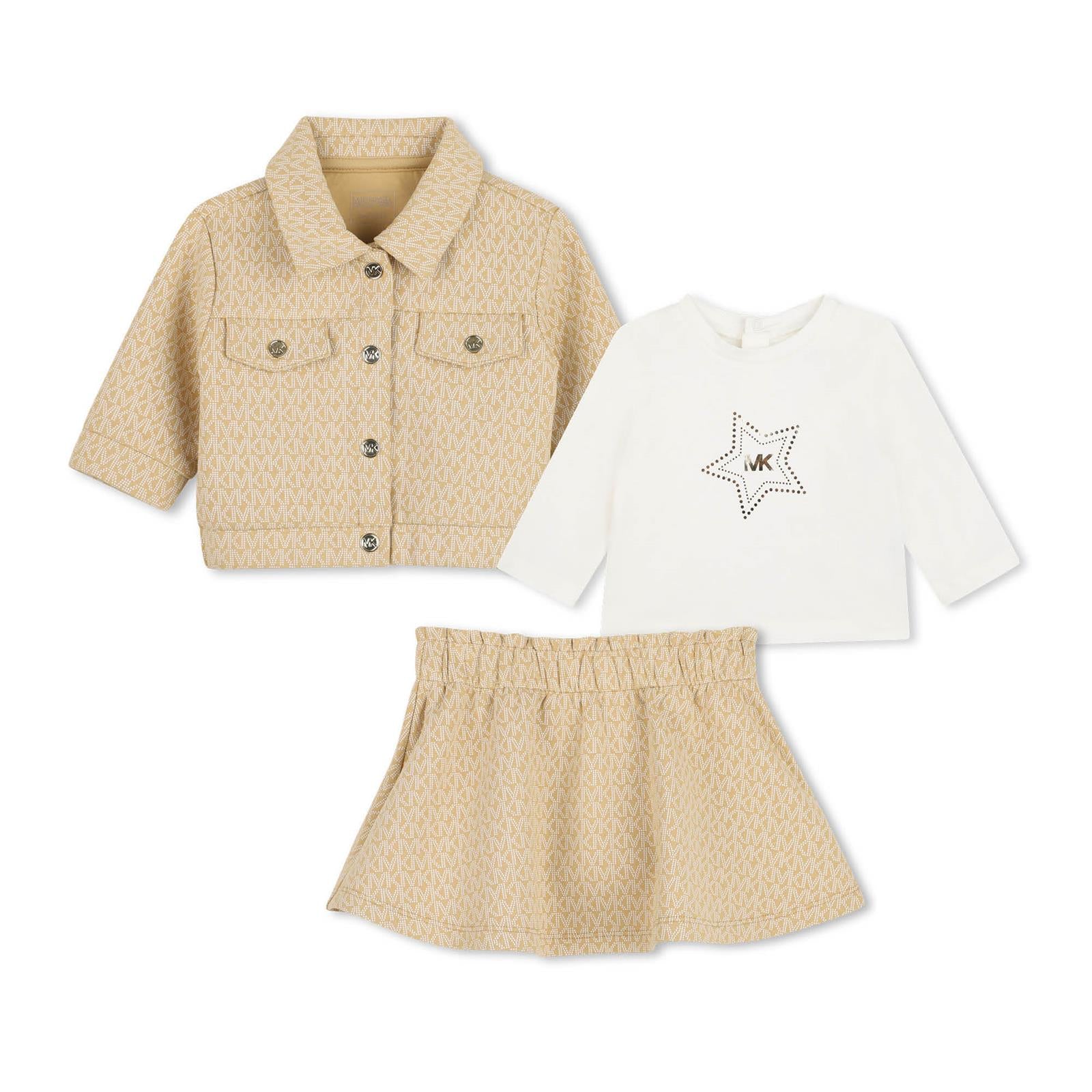 Three pieces set. Cardigan e gonna in double jersey con «mk signature» all-over stampa, e t-shirt in jersey. Cardigan con branded zip chiusura sul davanti, gonna con vita elastica. Plain color maniche lunghe t-shirt con snaps chiusura sul retro. Br R30839 22C MICHAEL KORS KIDS
