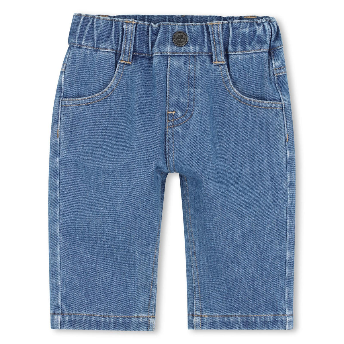 Knit pantaloni in denim 89% coton / 11% elastane, vita elastica, fake patta, davanti e retro tasche, printed logo on label on left retro tasca. T61014 Z06 TIMBERLAND KIDS
