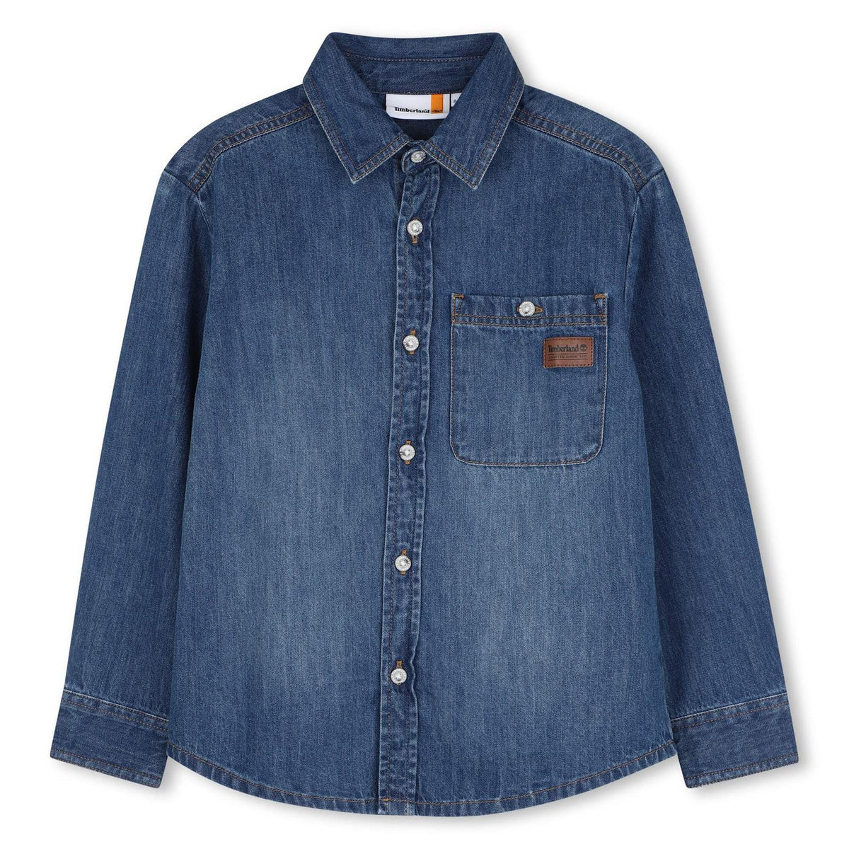 100% cotton light denim maniche lunghe shirt, button placket chiusura, patch tasca at chest con printed logo on paper label. T61085 Z25 TIMBERLAND KIDS