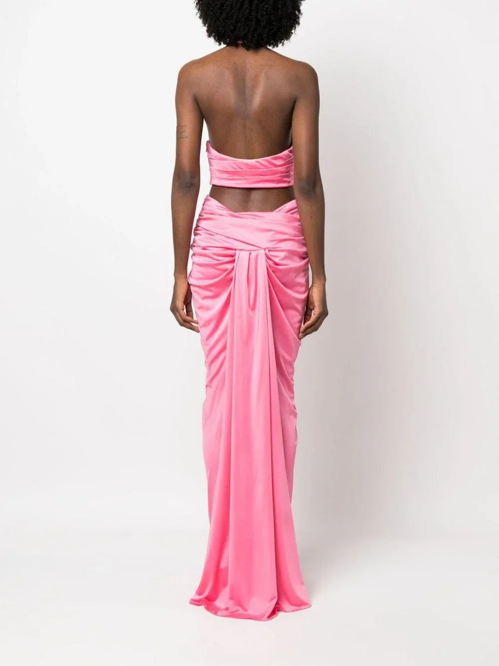 Abito lungo drappeggiato scollo all'americana rosa - Preludio Moda